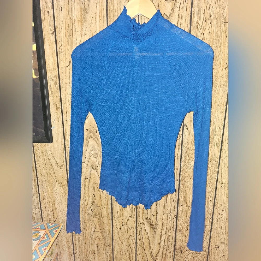 NWOT FREE PEOPLE Blue Skyline Scalloped Hem Mock Neck Thermal - XS
